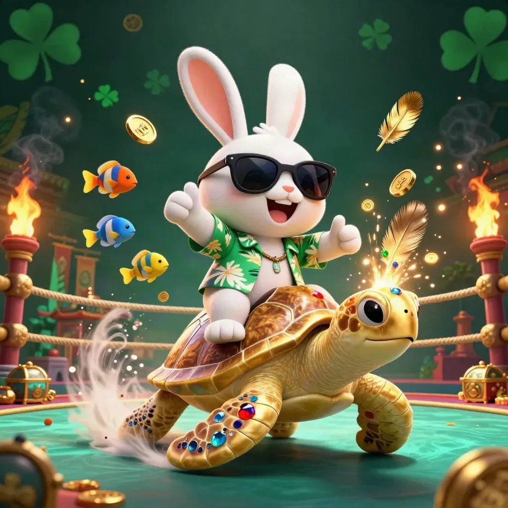 Lucky rabbit rides a golden sea turtle amid coins, feathers, and teal casino glow.