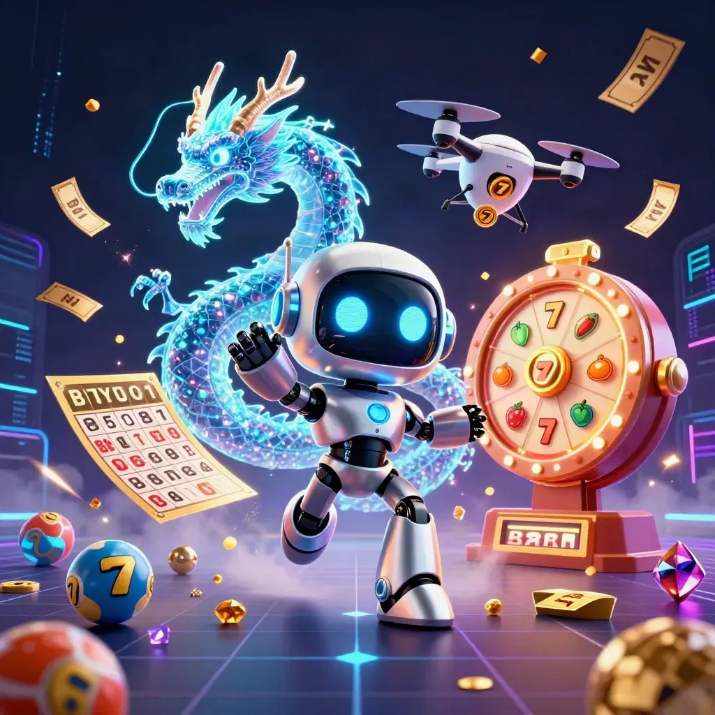 Cyberpunk robot, holographic dragon and coin drone amid casino treasure and neon energy.