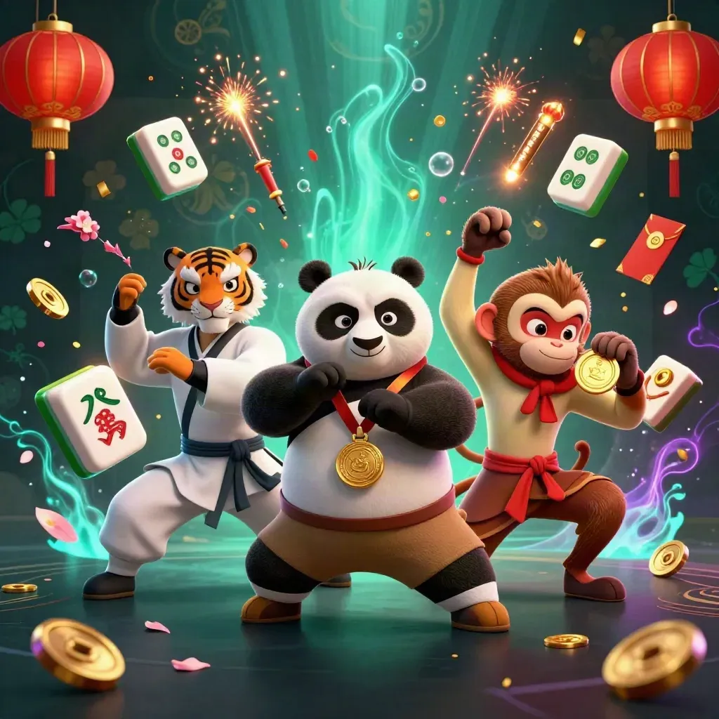 Kung-fu tiger, panda, and monkey amid casino loot, coins, lanterns, and cyan underwater glow
