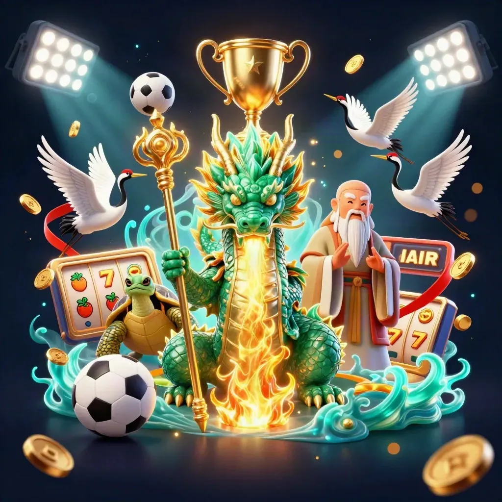 Emerald dragon, turtle sage, and cranes amid casino icons, teal glow, gold fire, and coins.