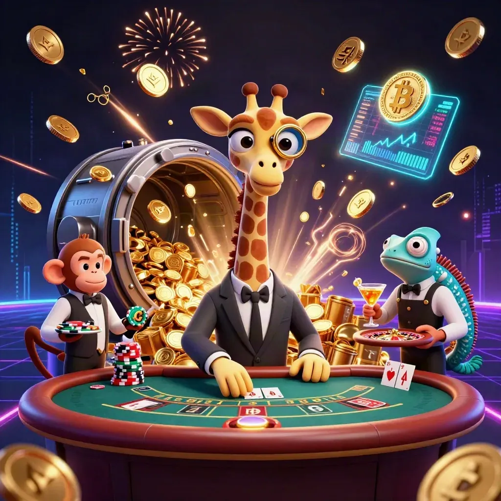 Giraffe, monkey, and chameleon amid a casino vault burst, coins, neon crypto, fireworks