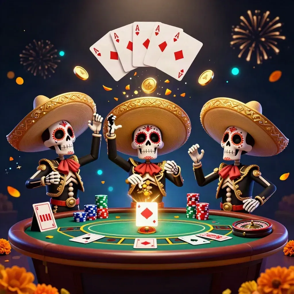 Skeleton mariachi trio celebrating amid coins, chips, cards, roulette wheel and fireworks