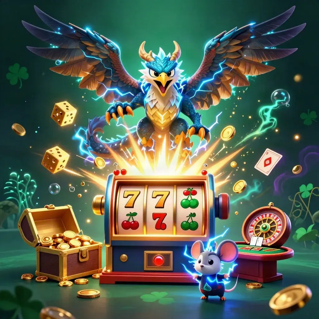 Thunder dragon, wind hawk and static mouse amid slot bursts, coins, roulette wheel and ocean glow.