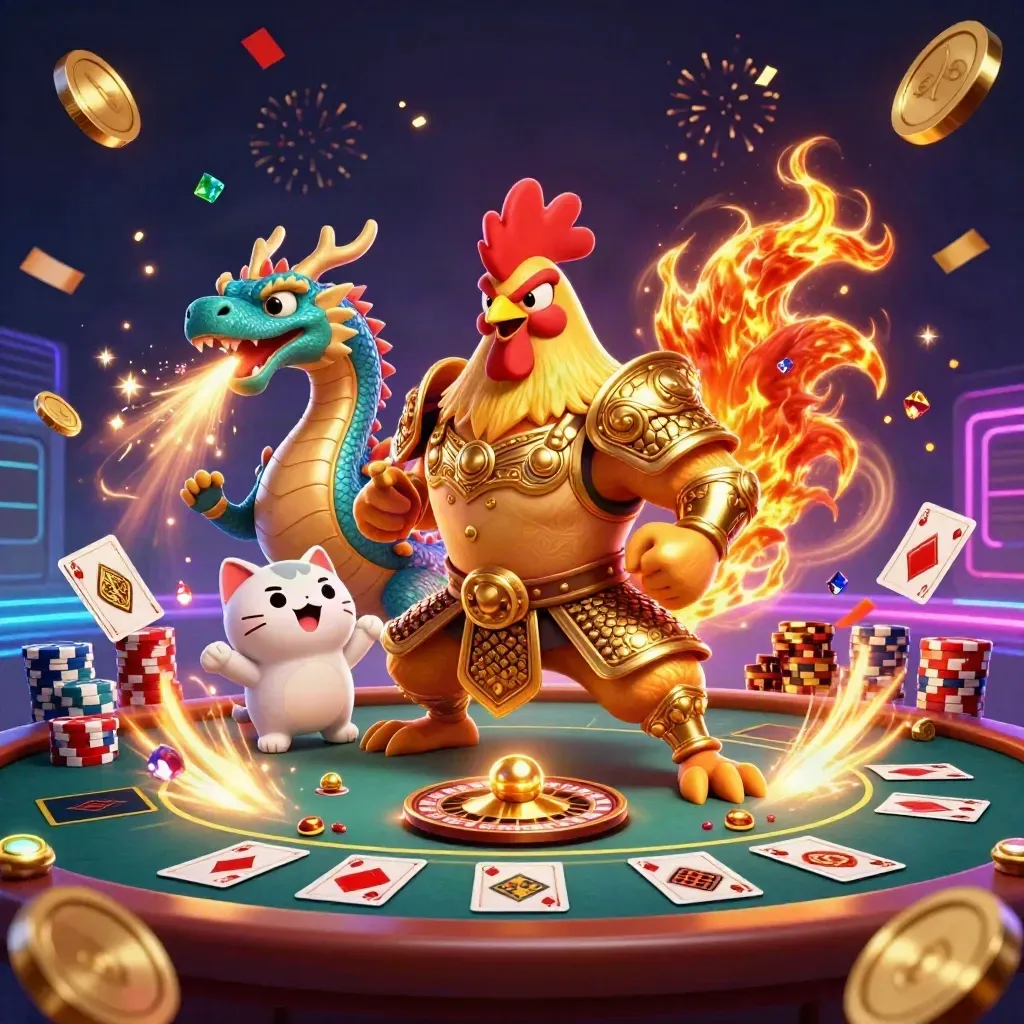Rooster samurai, spark-breathing dragon hatchling, and fortune-cat amid coins, chips, fireworks, and roulette wheel.