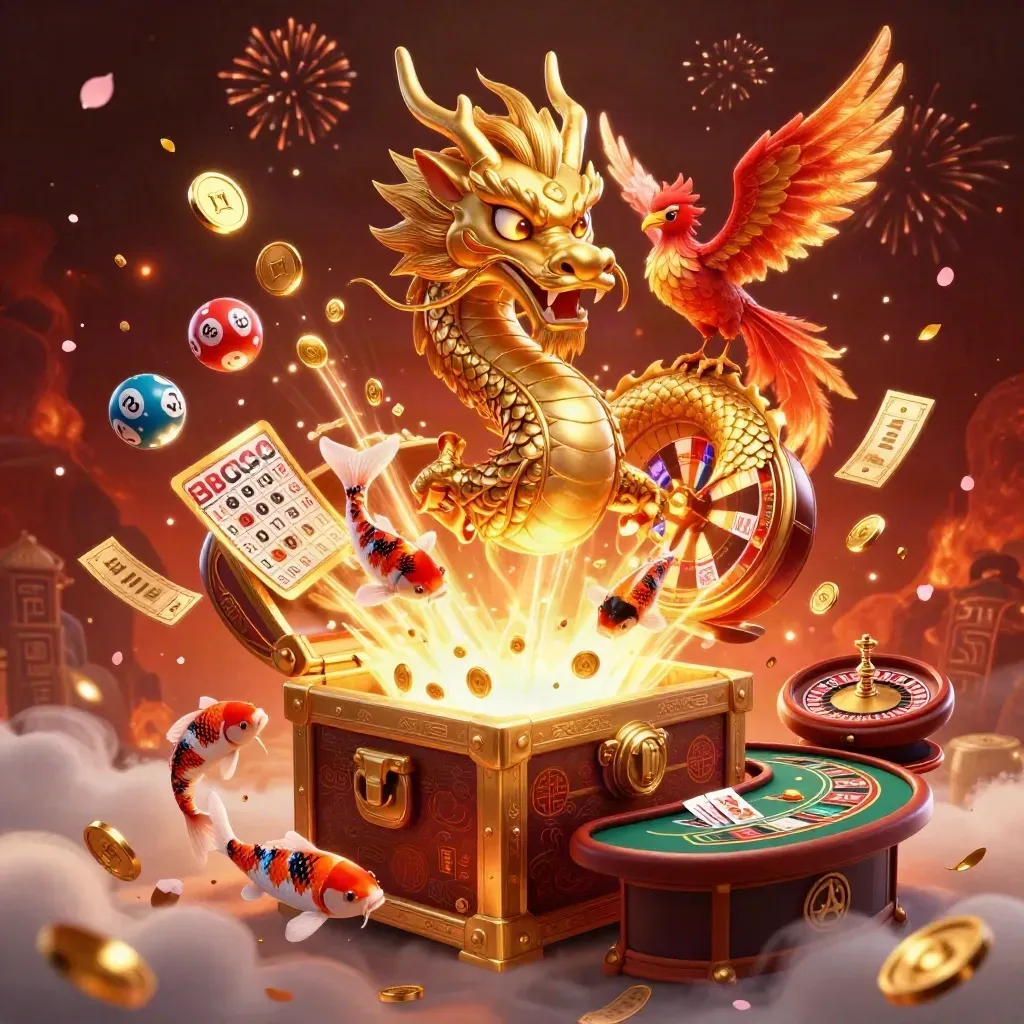 Golden dragon, phoenix and koi amid coins, fireworks and casino icons in a luxe ocean-casino burst.
