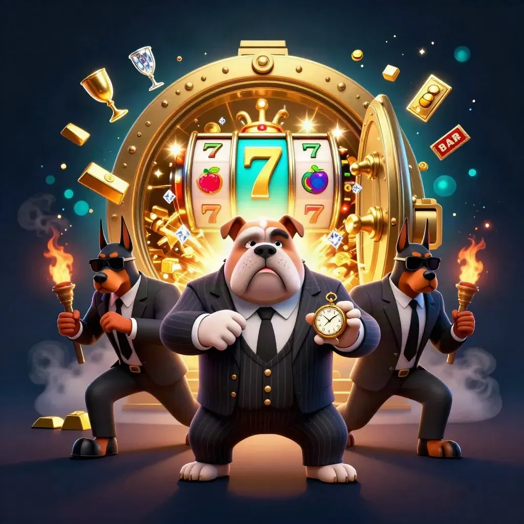 Bulldog boss and two dobermans burst from a gold vault amid reels, gems, and ocean-casino glow