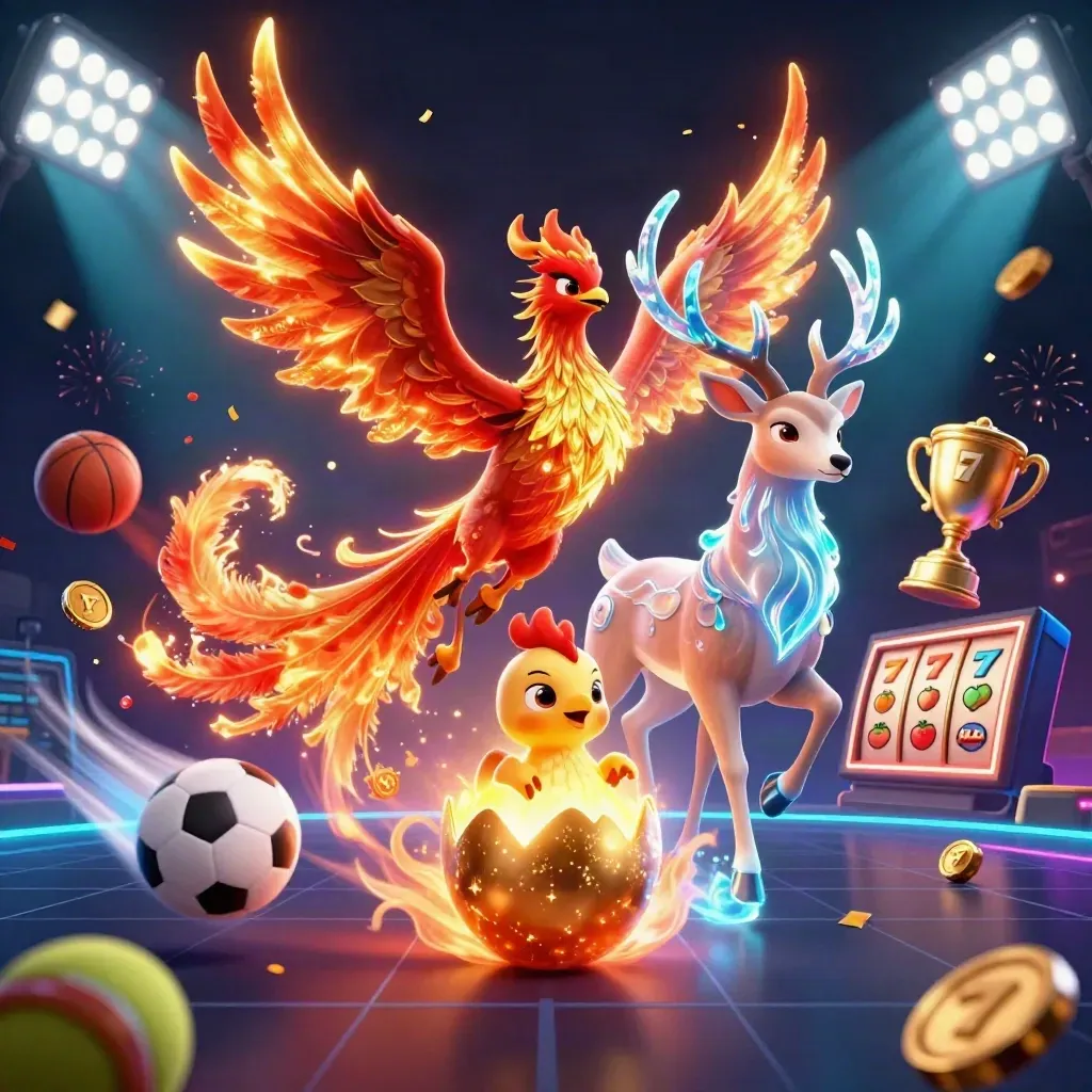 Phoenix, baby phoenix, and crystal-antler stag with casino and sports effects