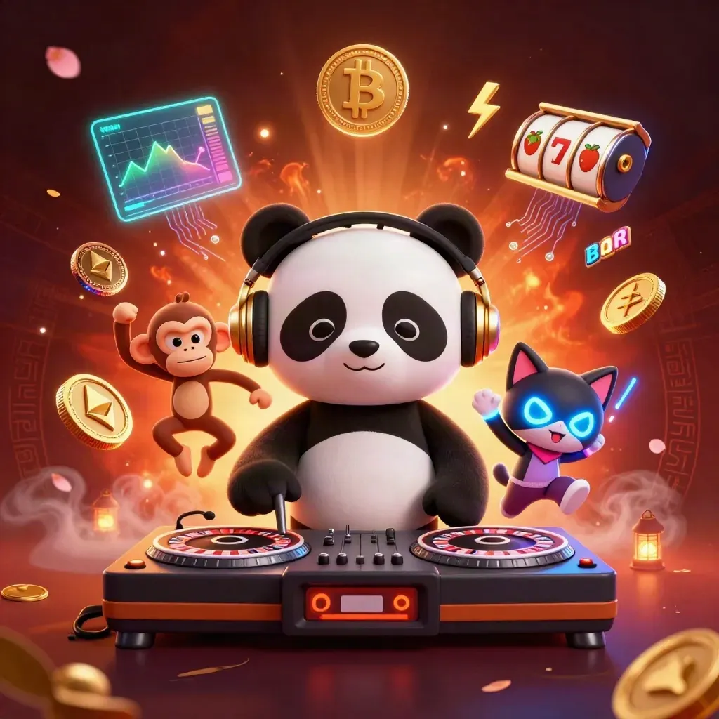 DJ panda, breakdancing monkey, and rave kitten amid neon casino coins and ocean glow