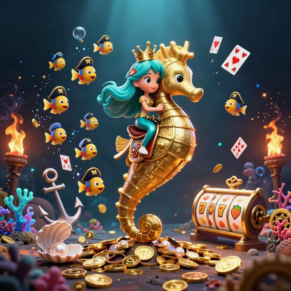 Mermaid princess rides gold-armored seahorse amid casino sea treasure and glowing reels.