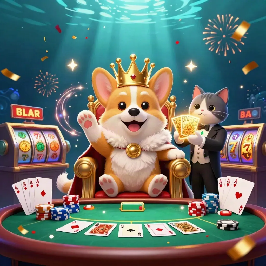 Crowned corgi and cat butler amid chips, cards, reels and ocean casino glow.