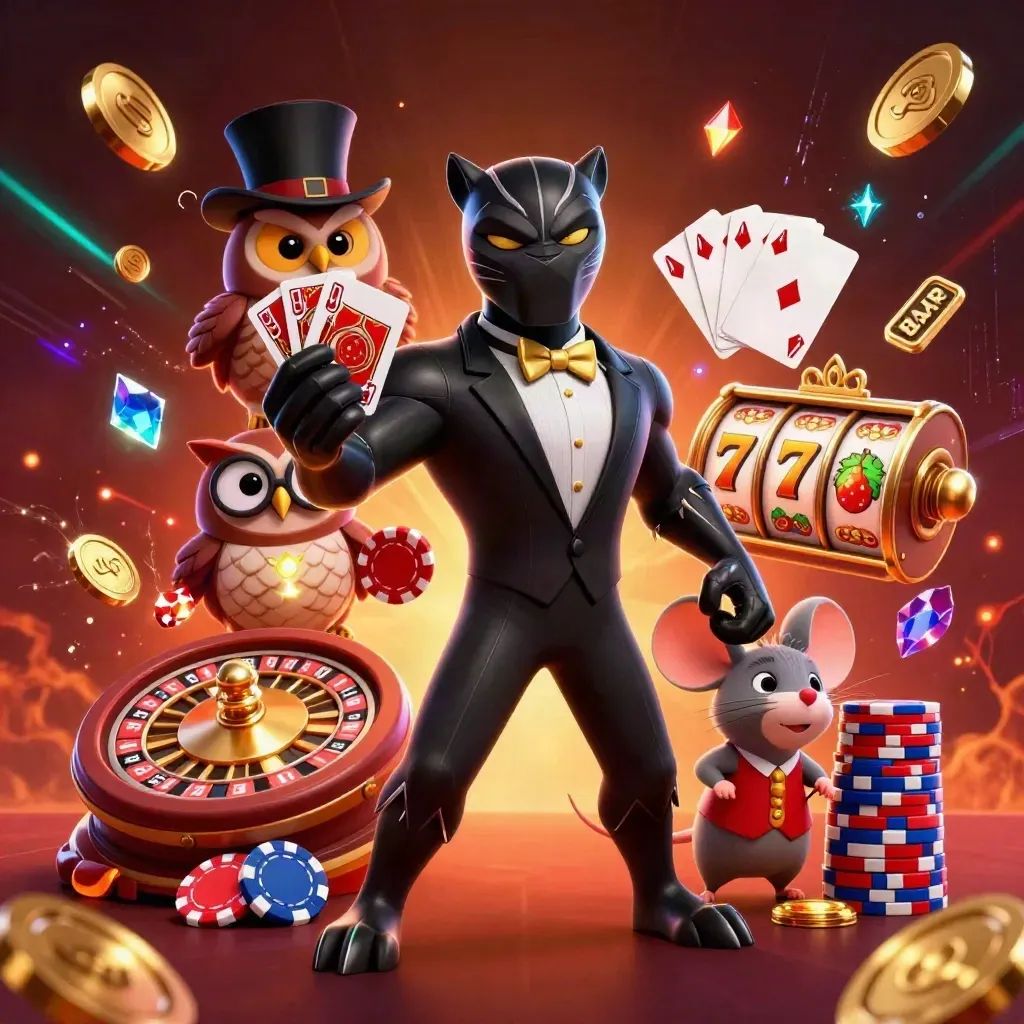 Panther, owl, and mouse casino heroes amid chips, cards, coins, reels, and teal neon glow