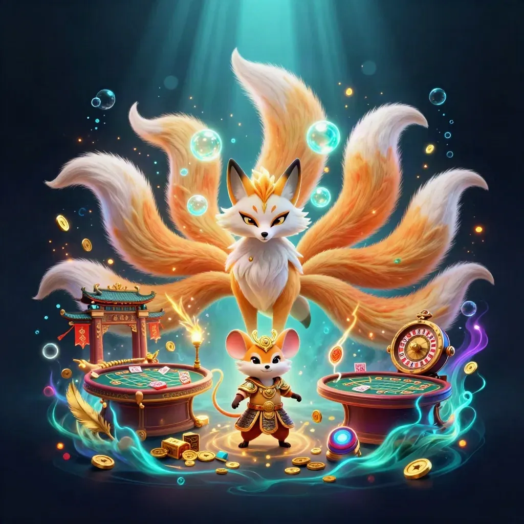 Fox spirit and samurai mouse amid casino relics, neon gold ocean glow, compact AAA game art.