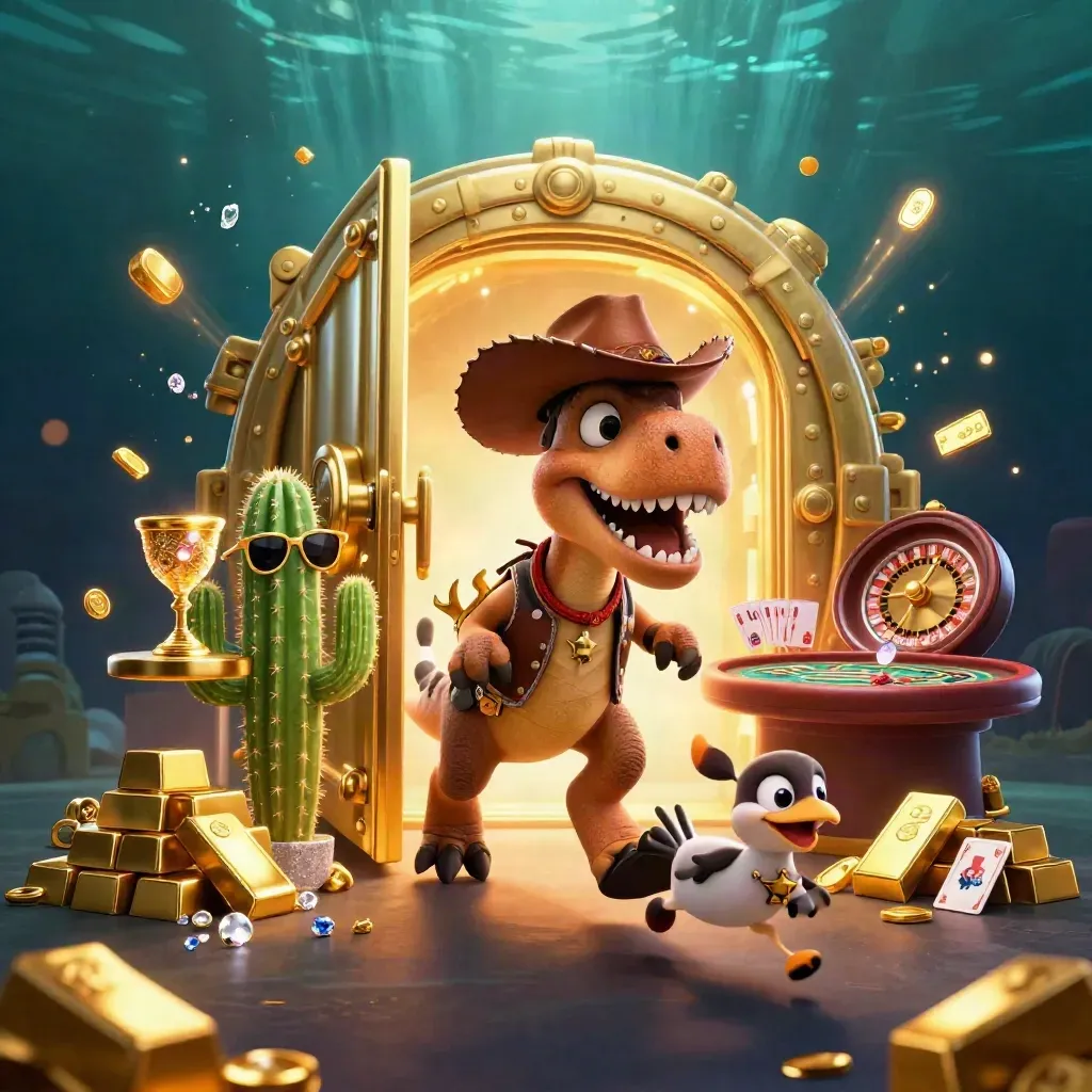 Cowboy T-Rex, cactus sidekick, and sheriff roadrunner explode from a glowing gold vault.