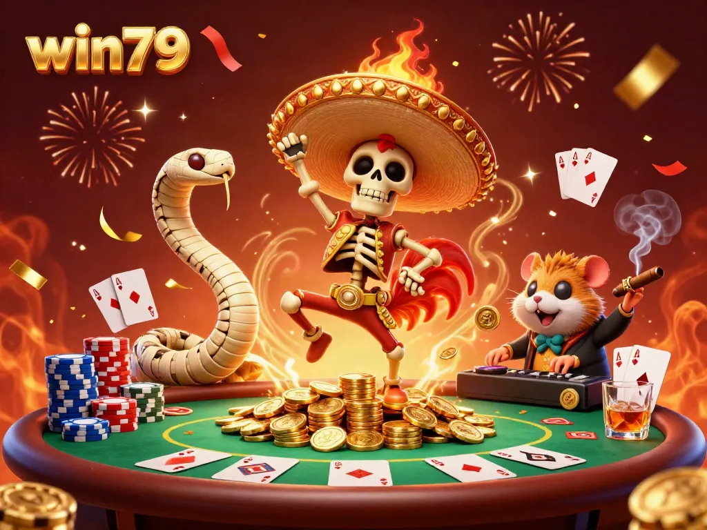 Win79 gaming scene with a celebrating skeleton mariachi rooster, mummy snake, and DJ hamster around poker elements.
