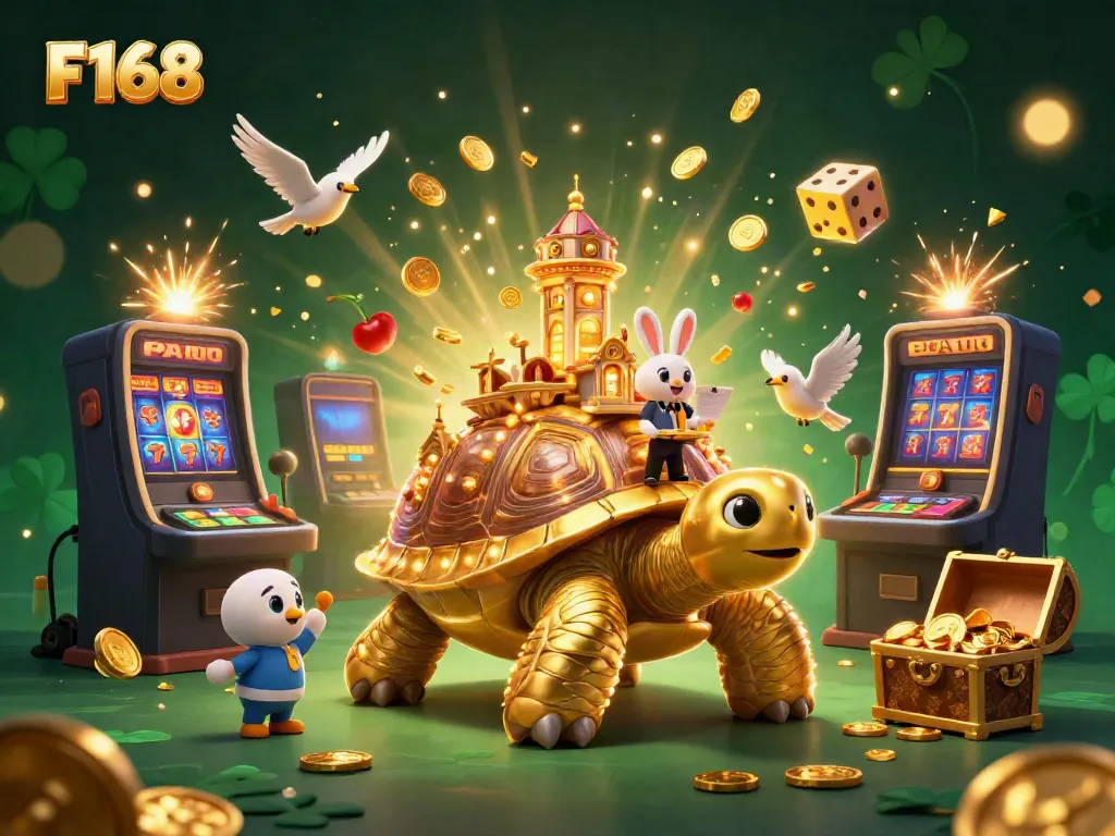 Enjoy an engaging F168 casino experience with a golden tortoise, a rabbit dealer, and bursting slot machines.