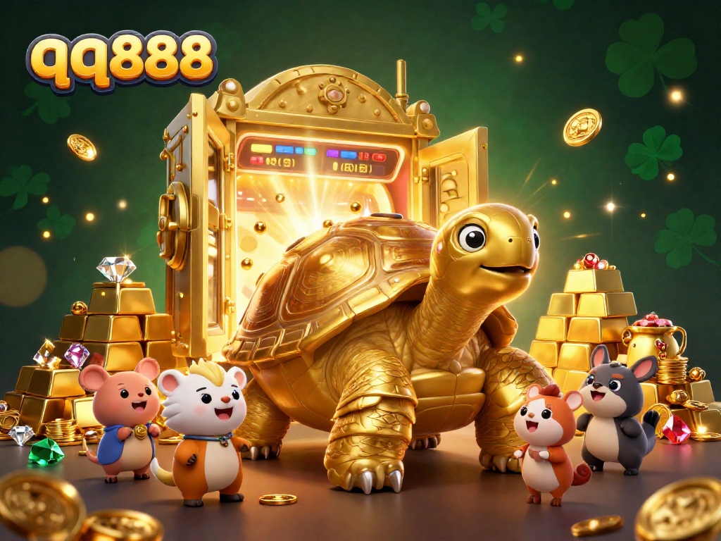Engage in thrilling gameplay at qq888, featuring a fun 3D casino illustration with treasures and excitement.