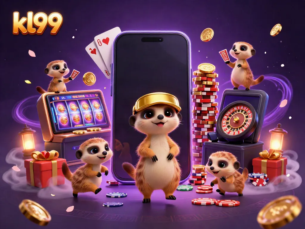 Engage with kl99's vibrant casino scene featuring meerkats, slot games, and dynamic gaming elements.