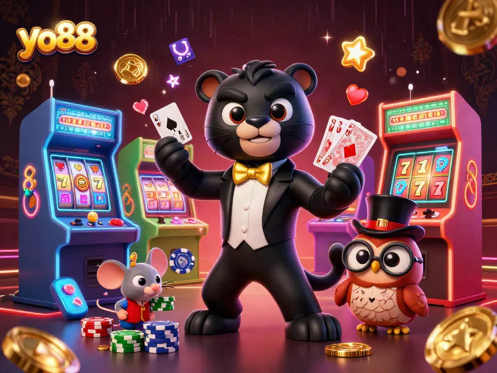 Experience the thrill of yo88 with a black panther dealer, owl with chips, and mouse amidst casino elements.