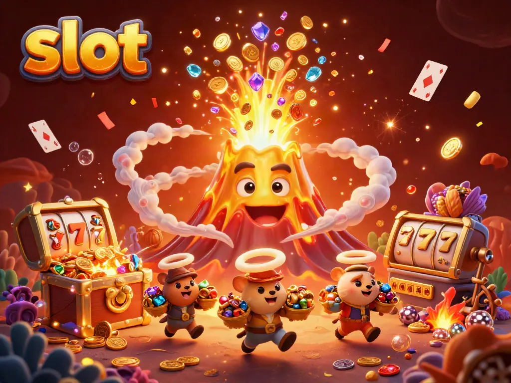 Engaging slot illustration showcasing a golden volcano erupting coins amidst glowing slot reels and treasure.