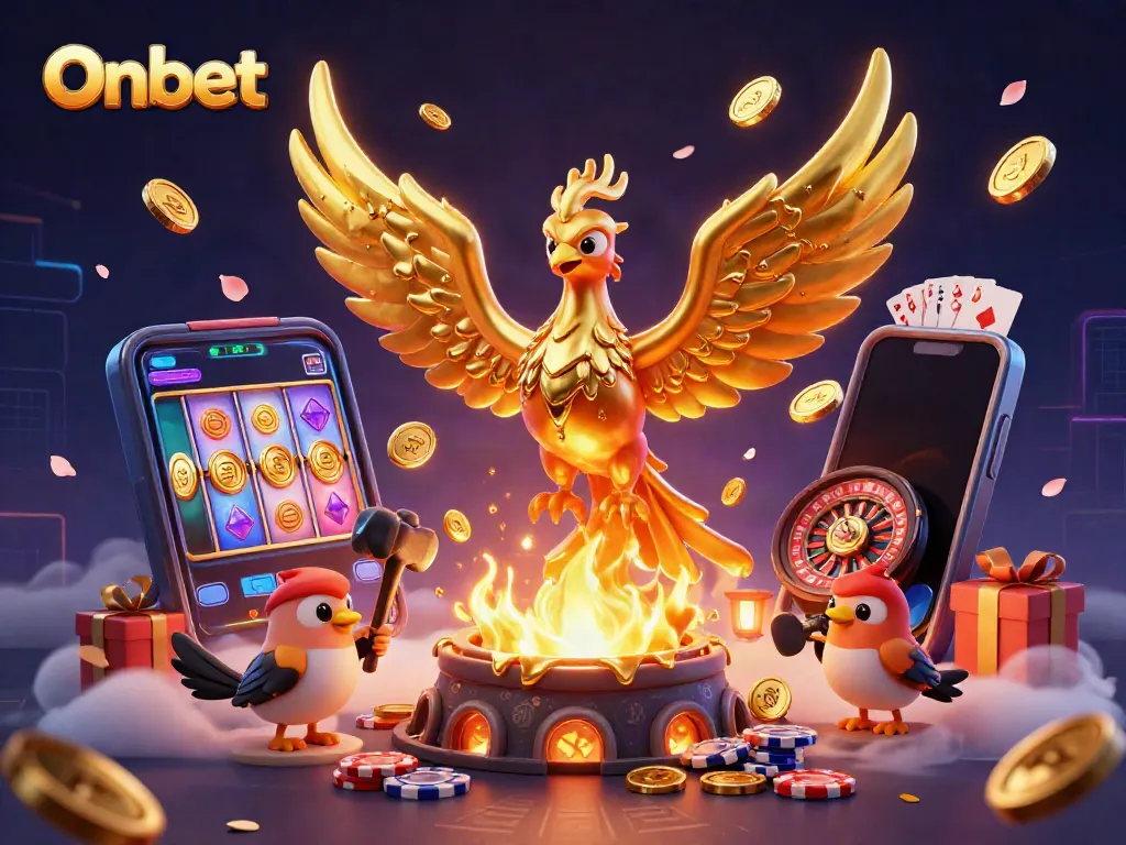 Experience Onbet's golden phoenix rising amid a vibrant 3D casino scene bursting with games and rewards.