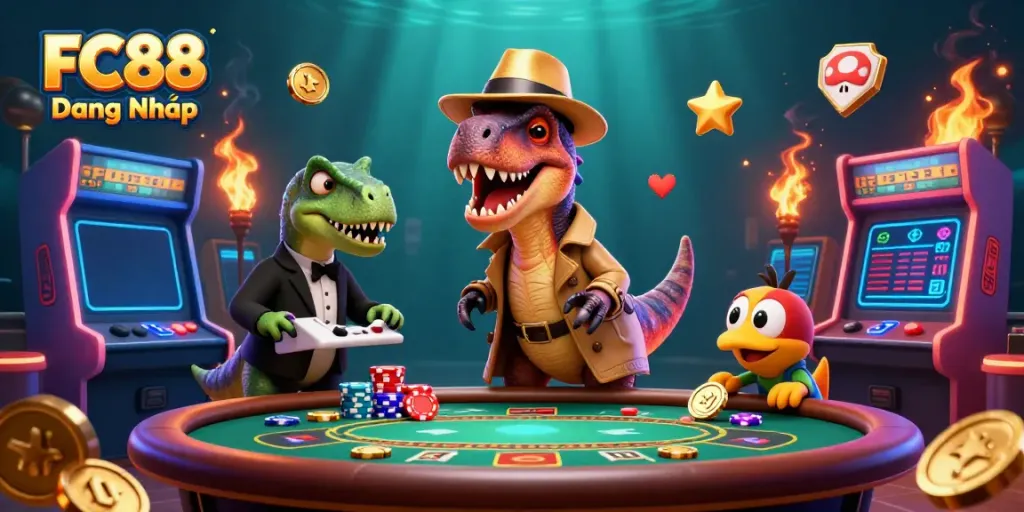 Engage with FC88 Đăng Nhập at a lively blackjack table, with animated dinosaur characters adding unique flair.