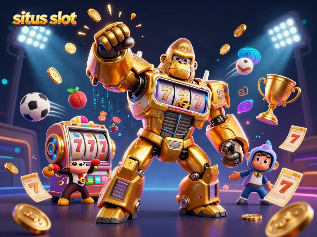 Spin and win with situs slot featuring a golden gorilla mech and dynamic gaming elements.