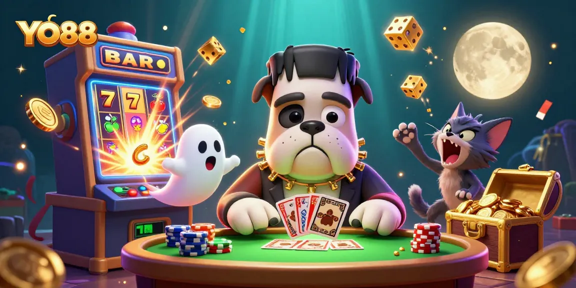 Experience thrilling gameplay at YO88 with a dynamic casino scene featuring a unique 3D bulldog dealer.