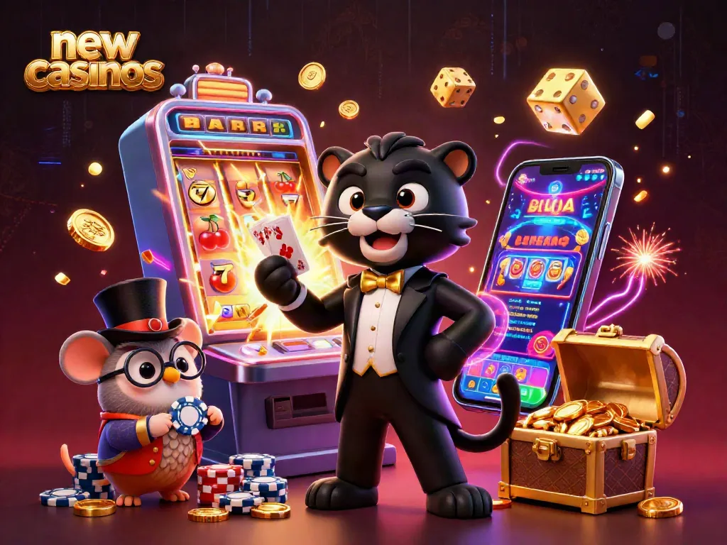 Engage with new casinos illustrated through a playful scene of a tuxedo-clad panther and friends amidst exciting gaming elements.