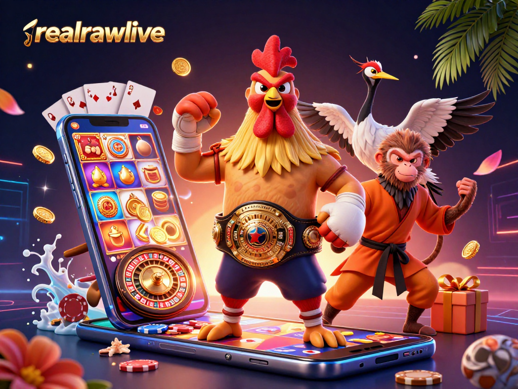 Experience excitement at realrawlive with a vibrant 3D casino illustration featuring dynamic game elements.