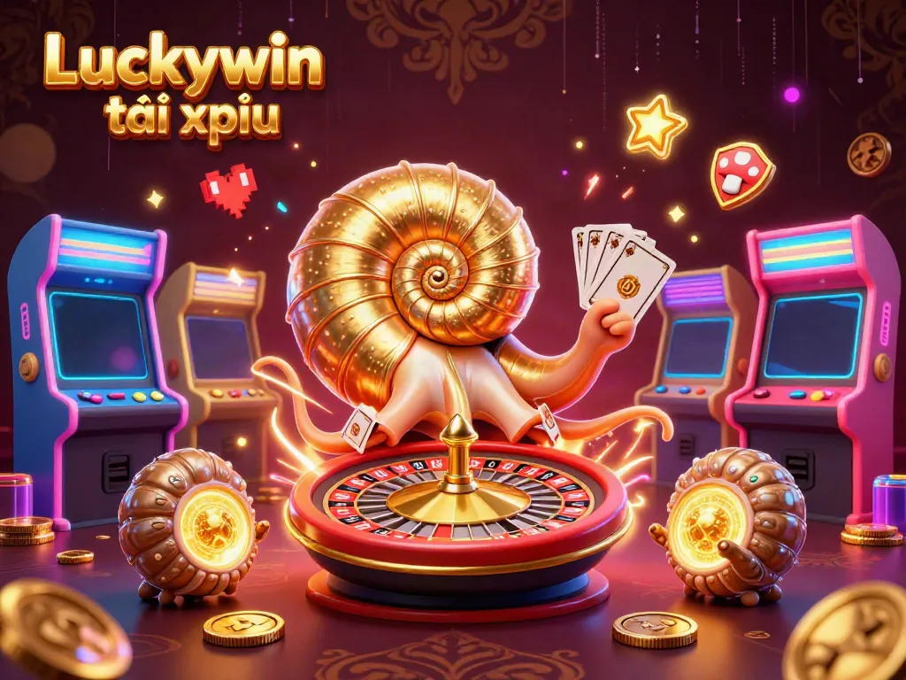 Engage in Luckywin tài xỉu with vibrant 3D gaming elements and a giant roulette wheel character.