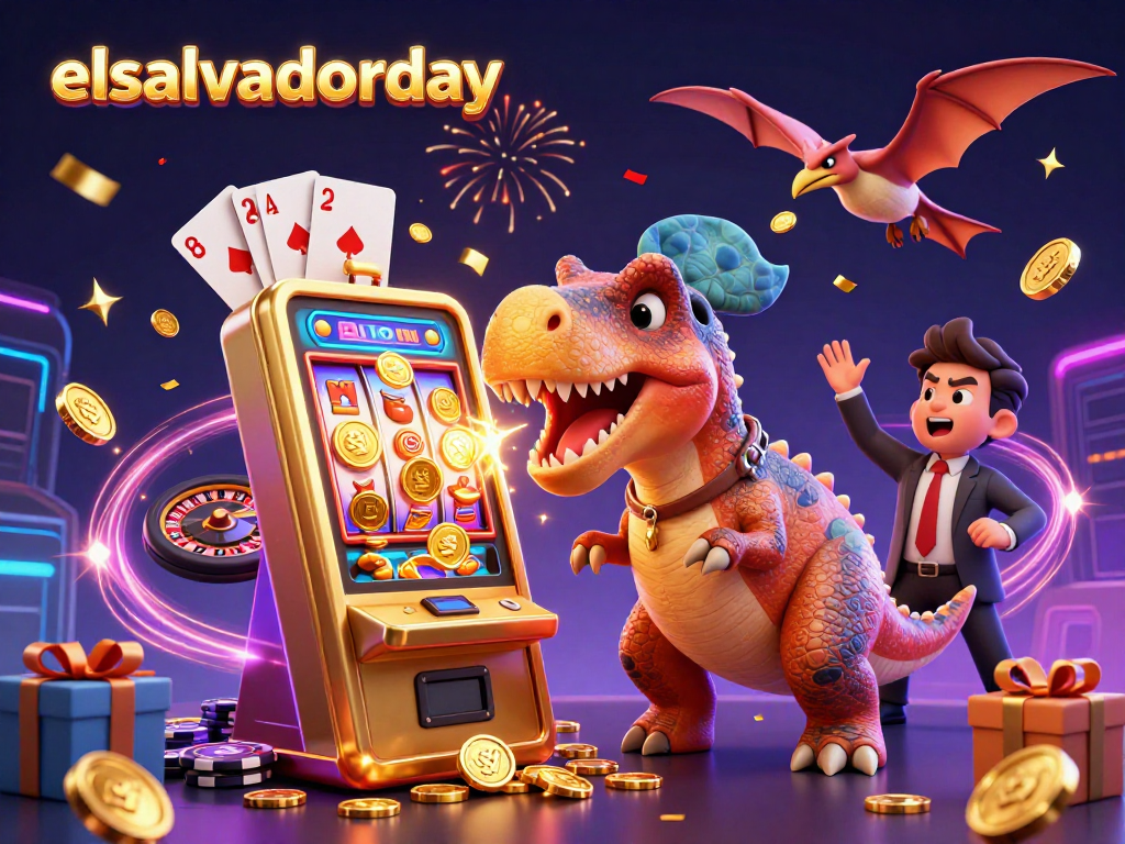 Engaging scene of elsalvadorday, featuring characters winning jackpots amidst coins and casino elements.