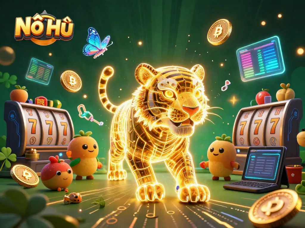 Experience the vibrant world of Nổ Hũ with multicolored slots and a neon tiger in a digital casino.