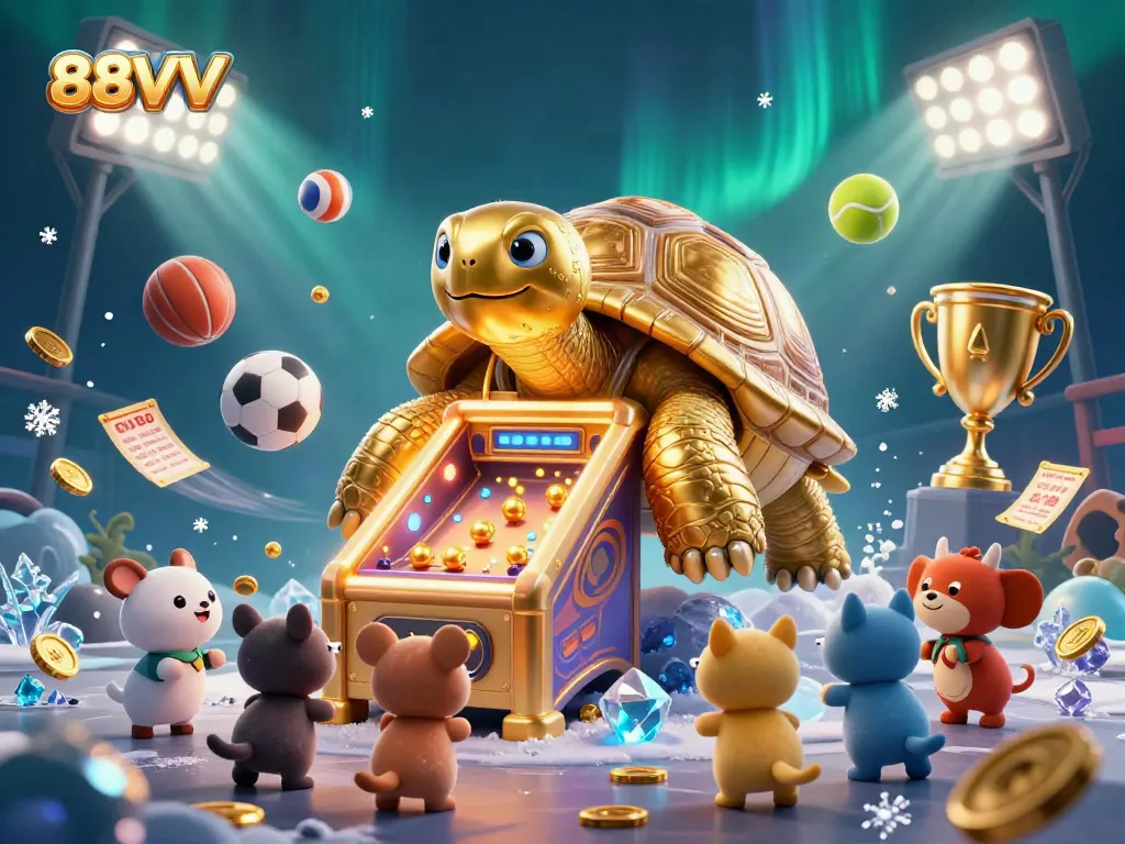 Experience thrilling gaming at 88VV with a dynamic 3D scene showcasing cartoon characters, sports elements, and exciting visuals.