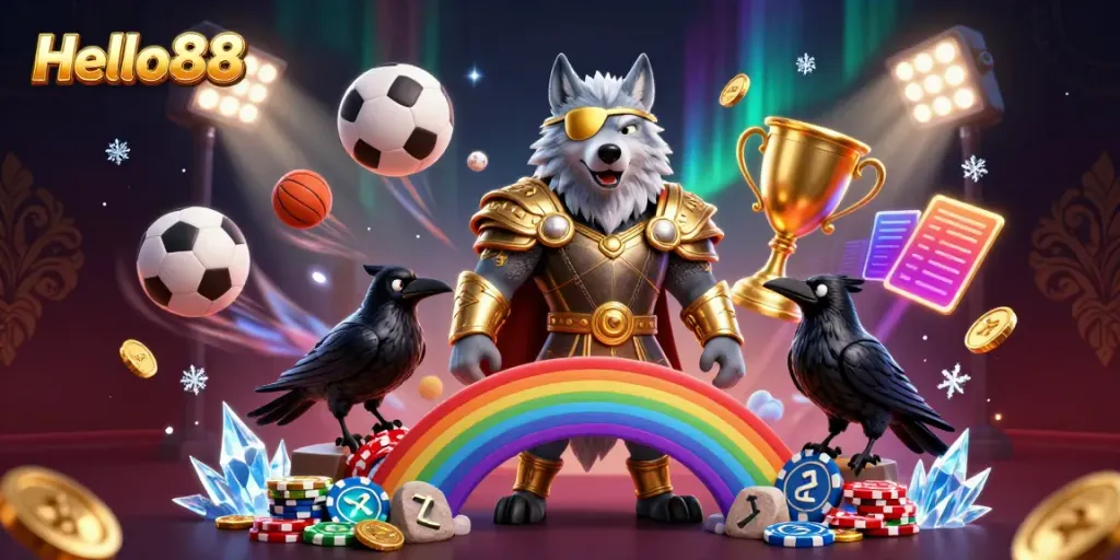 Betting excitement at Hello88 with a 3D Norse-themed casino illustration featuring Odin and dynamic sports elements.