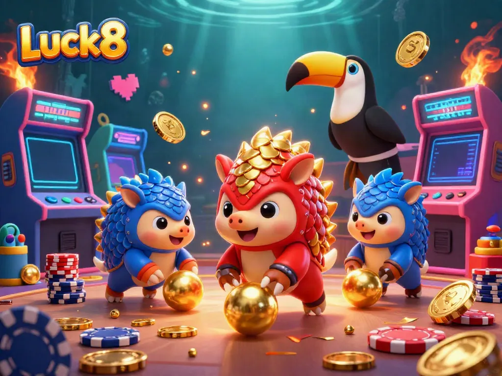 Experience the excitement of Luck8 with rival pangolins competing in a vibrant casino-themed scene.