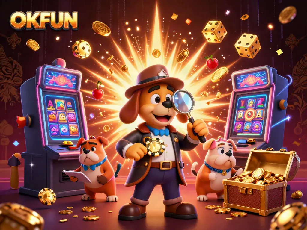 Engage with thrilling gaming experiences at OKFUN with a detective-themed casino scene bursting with excitement.