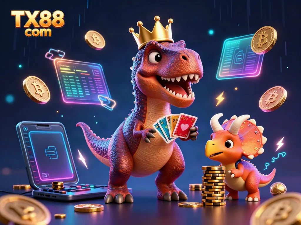 Engage with the TX88 com gaming experience featuring a T-Rex shuffling cards and vibrant cryptocurrency elements.
