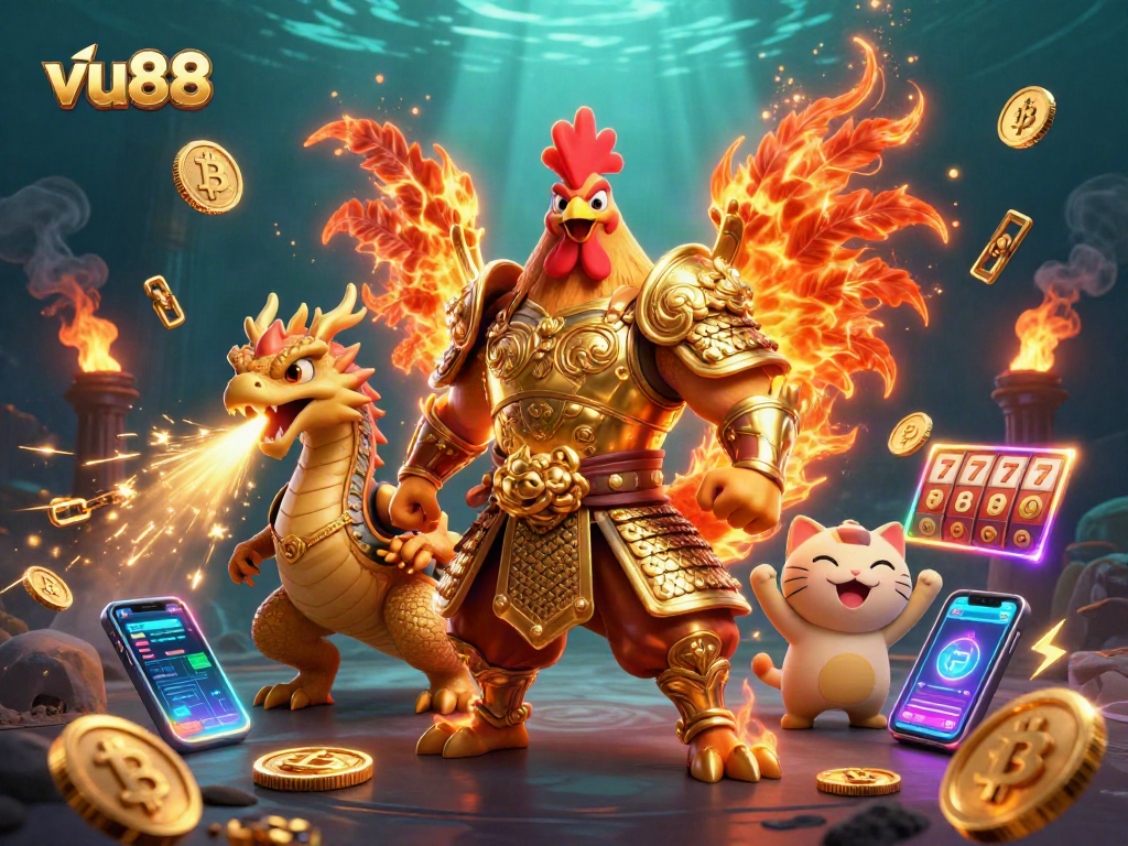 Engage with vu88's thrilling slot experience featuring a fiery rooster and dragon duo.