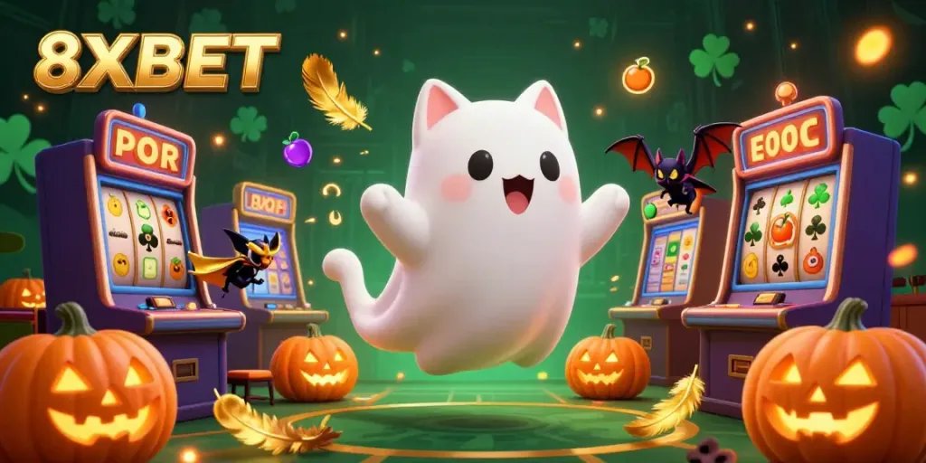 Engage in the immersive gaming experience at 8XBET featuring a ghost cat and vampire bat in a vibrant online casino.