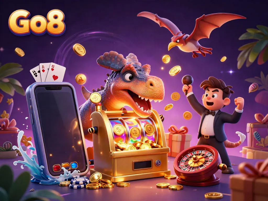 Go8 pachycephalosaurus hits golden slot machine, coins fly, and casino manager panics in vibrant scene.