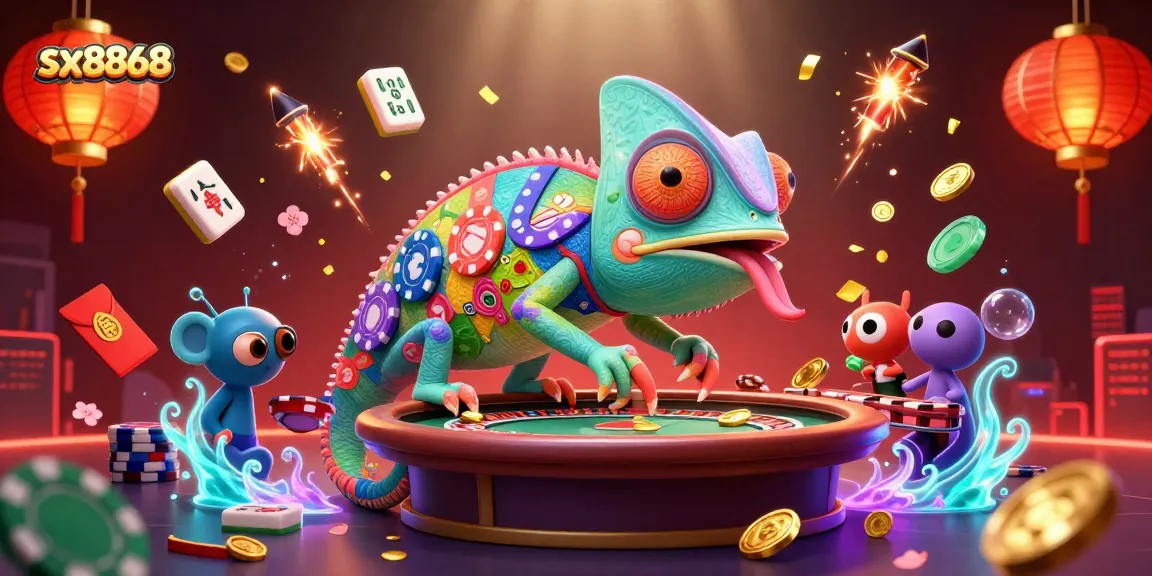 Experience the vibrant casino atmosphere at sx8868 with a colorful chameleon character and dynamic game elements.