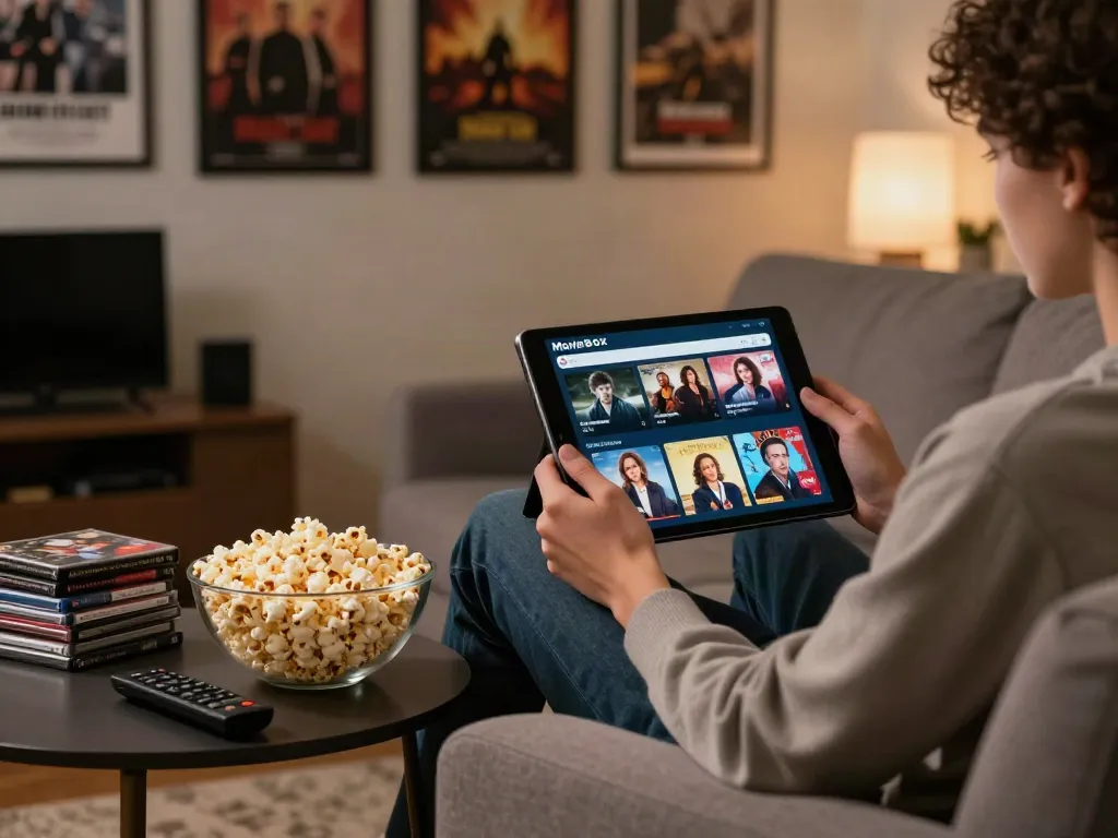 Streaming user exploring previous releases on MovieBox old version at home with classic films.