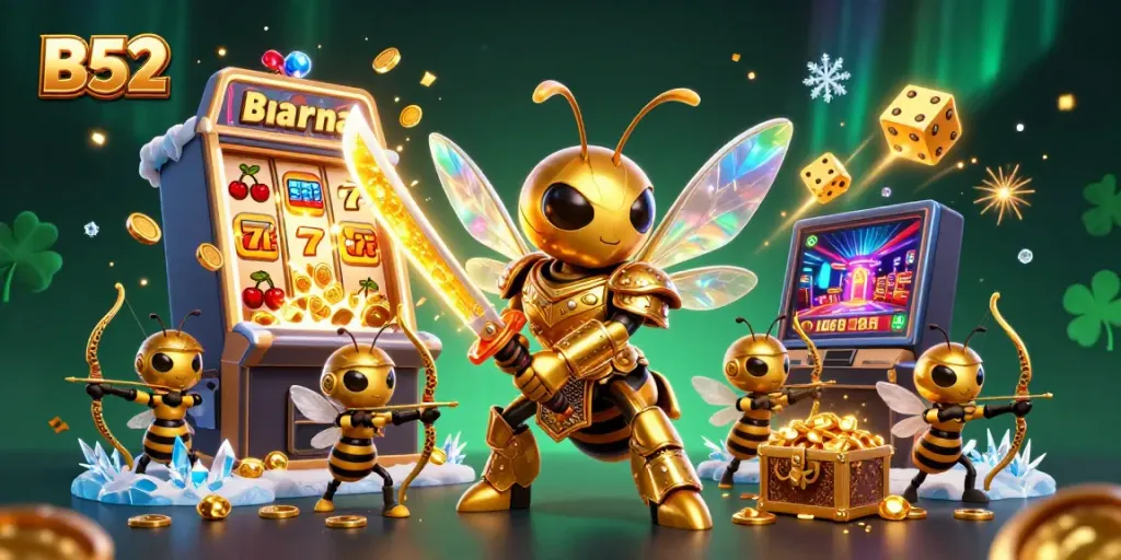 Engaging B52-themed casino scene with samurai hornet and vibrant slot machine action.