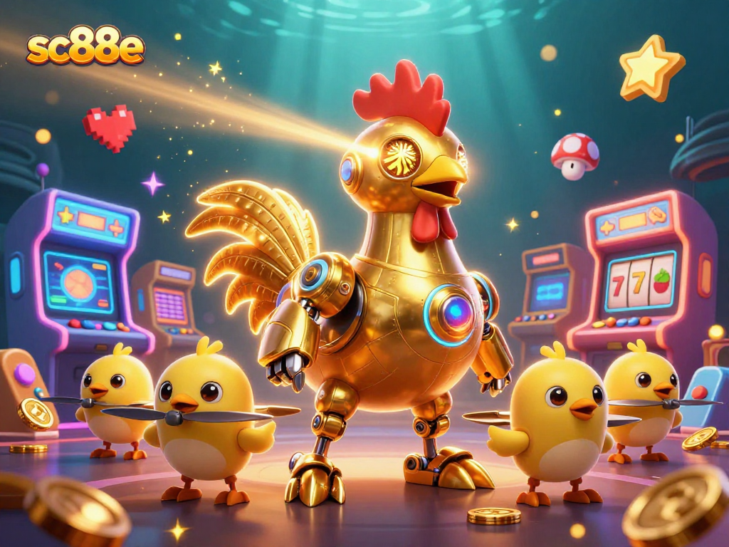 Engage with the sc88e animated scene, featuring a rooster robot amidst vibrant slot games.
