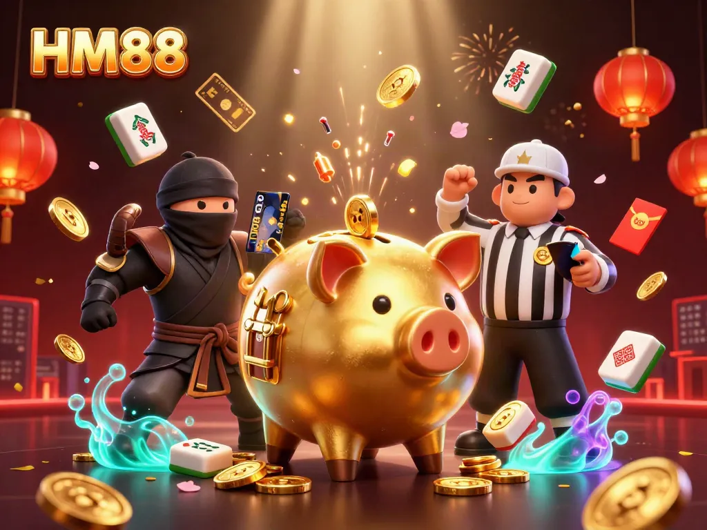 Engaging HM88 scene featuring a piggy bank sumo wrestler amidst casino elements and festive decorations.