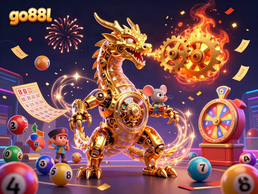 Experience exciting gameplay with go88l's vibrant lottery scene featuring colorful balls and a dragon.