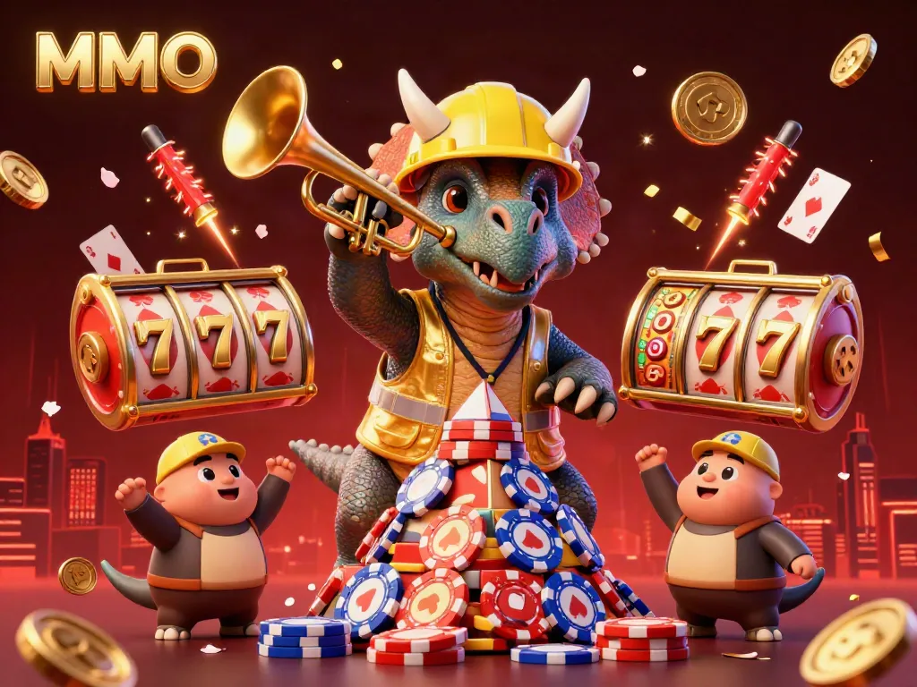 MMOO showcases a vibrant celebration of slot gaming with a triceratops building a poker chip pyramid, surrounded by festive elements.