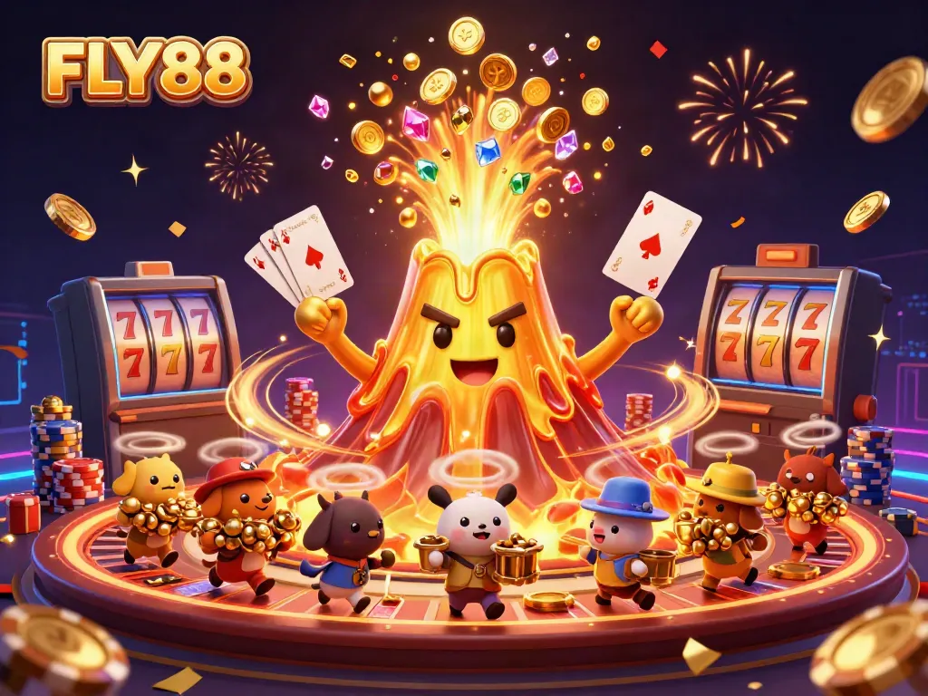 Experience thrilling wins at FLY88 with vibrant casino elements celebrating big jackpots and fun.