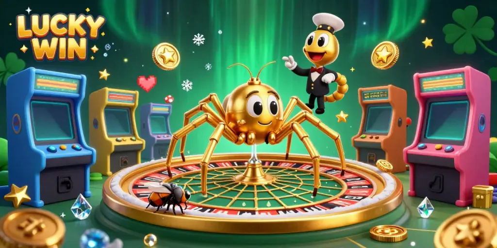LUCKY WIN scene featuring a golden spider, bets, and vibrant game elements around a roulette wheel.