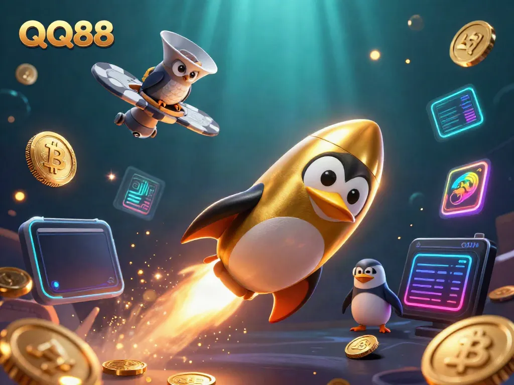 Boost your gaming strategy with QQ88, featuring a golden penguin in a rich casino-themed cosmos.